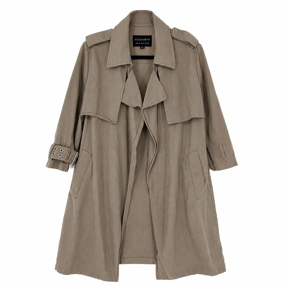 AllSaints Kay Mac Trench Coat Taupe Brown Cotton Grommet‎ Belted Cuff US 6 W009N